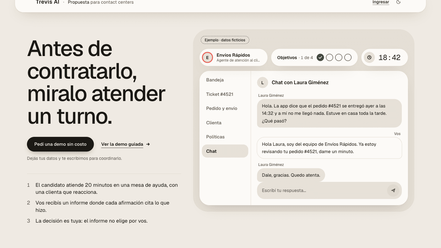 Trevis AI - Evaluación de candidatos de call center con un turno simulado por IA